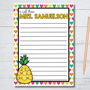 May include: A lined notepad with a colourful border of hearts. The notepad features a pineapple illustration and the text "a note from MRS. SAMUELSON" in yellow. A pencil rests on the right side of the notepad.