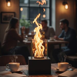 May include: A contemporary tabletop fireplace with a vibrant orange flame within a glass case. Two cups of coffee with steam and open books are on a wooden table. The background depicts a restaurant scene with people.