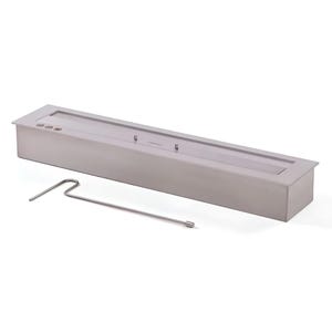 May include: A rectangular, brushed stainless steel bioethanol fireplace burner insert with a long, narrow central slot. It includes a matching metal control tool with a hooked handle and a cylindrical end piece for adjusting the flame.