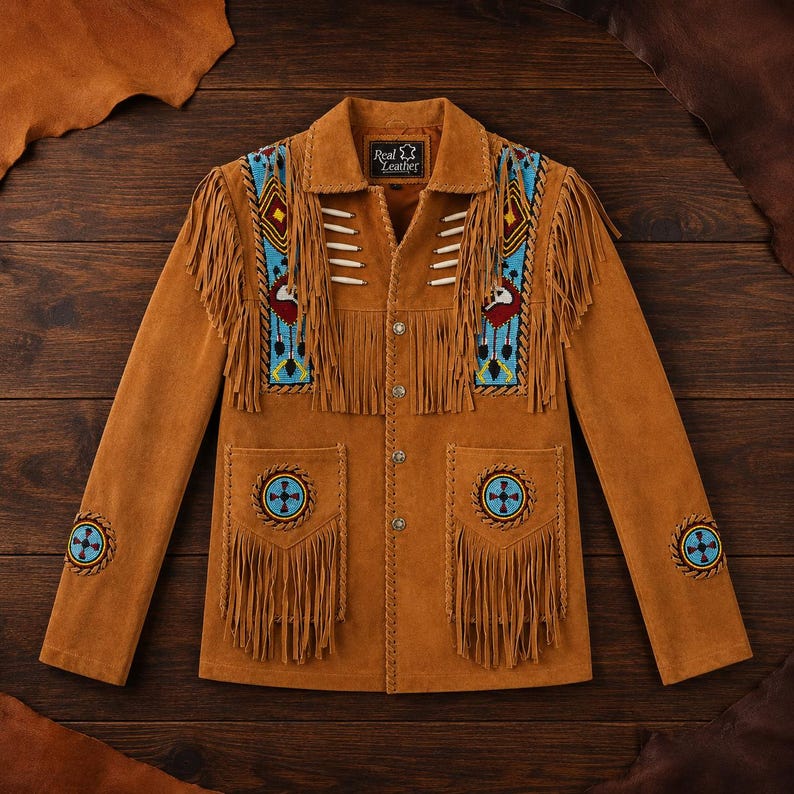 May include: A tan suede jacket featuring long fringe detailing on the chest and pockets. The garment includes blue beaded panels with geometric patterns, white bone-like accents, and circular beaded motifs on the pockets and sleeves.