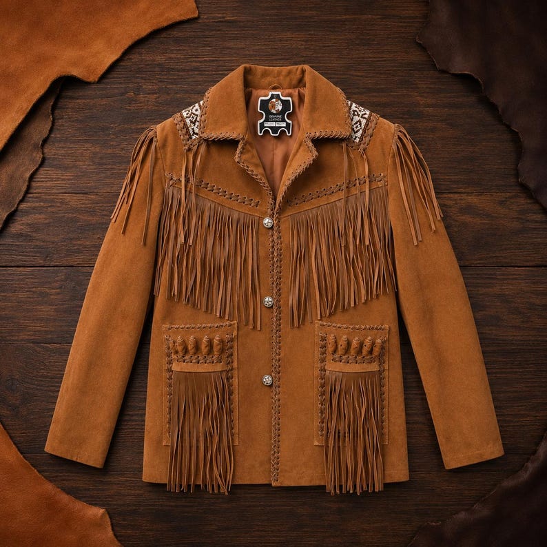 May include: A tan suede leather jacket featuring long fringe detailing across the chest and pockets. The jacket includes a collared neckline, three silver-toned buttons, braided leather trim, and a patterned fabric accent on the shoulders.