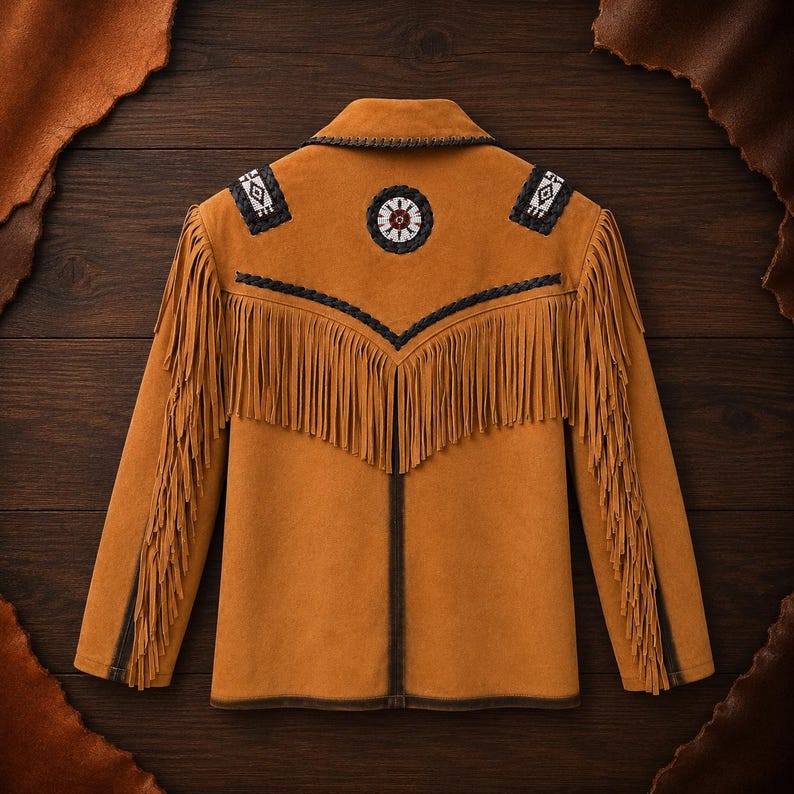 May include: A tan suede jacket featuring long fringe detailing along the sleeves and across the back. The garment is adorned with dark brown braided trim, a circular beaded emblem at the center back, and rectangular beaded patches on the shoulders.
