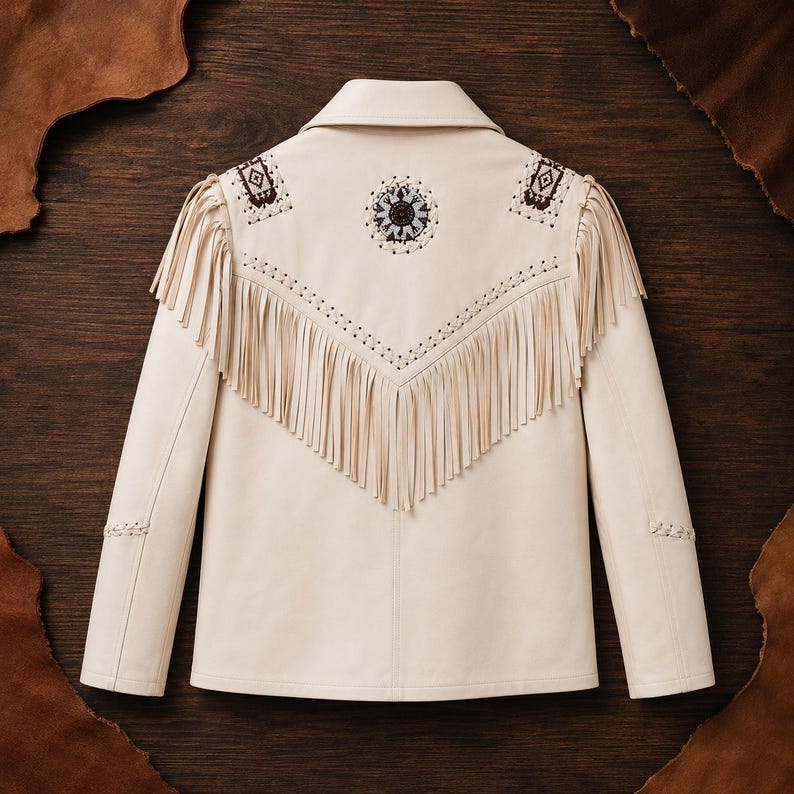 May include: An off-white jacket featuring long fringe detailing across the back and shoulders. The garment includes intricate dark brown embroidery patterns on the upper back and shoulders, along with braided leather accents on the sleeves.