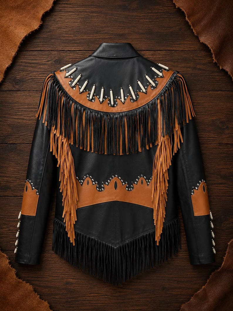 May include: A black leather jacket featuring tan leather accents, long black and tan fringe detailing, and a decorative yoke adorned with white cylindrical beads and silver-toned metal studs. The jacket includes a pointed collar and long sleeves.