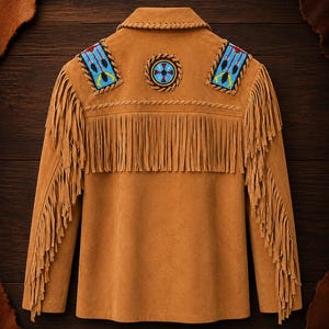 May include: A tan suede jacket featuring long fringe detailing along the sleeves and across the back. The upper back is decorated with two rectangular beaded patches and a central circular beaded medallion in shades of blue, red, and black.