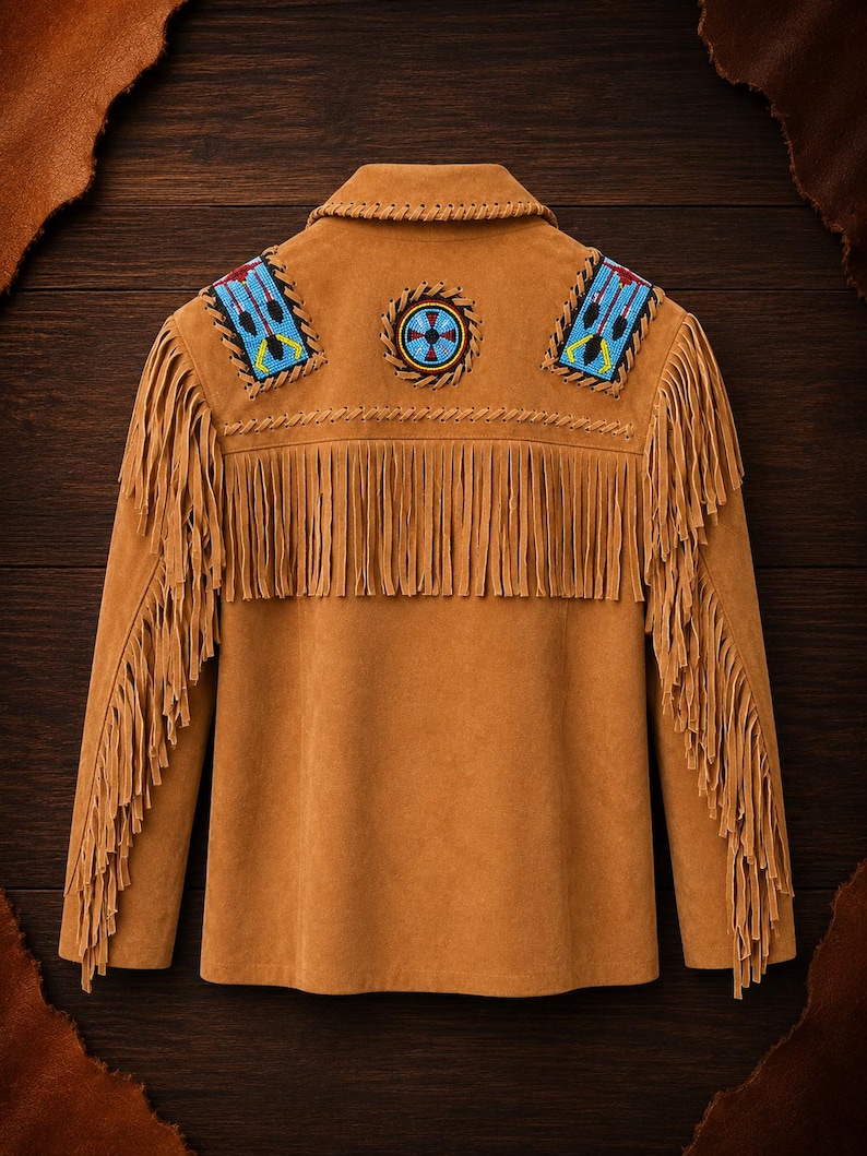 May include: A tan suede jacket featuring long fringe detailing along the sleeves and across the back. The upper back is decorated with two rectangular beaded patches and a central circular beaded medallion in shades of blue, red, and black.
