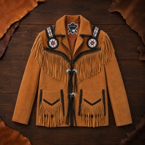 May include: A tan suede jacket featuring long fringe detailing across the chest and pockets. The jacket includes dark brown braided trim, circular beaded accents on the shoulders, and two silver-toned metal closures with black leather ties.