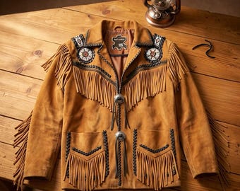 Men's Western Fringe Suede Jacket | Handmade Beaded Cowboy Leather Coat, Native American Style Tassel Jacket, Real Suede Festival Outerwear