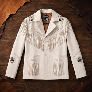 May include: An off-white leather jacket featuring long fringe detailing across the chest and pockets. The garment includes a notched collar, two front pockets, and decorative brown and white geometric stitching on the shoulders and sleeves.