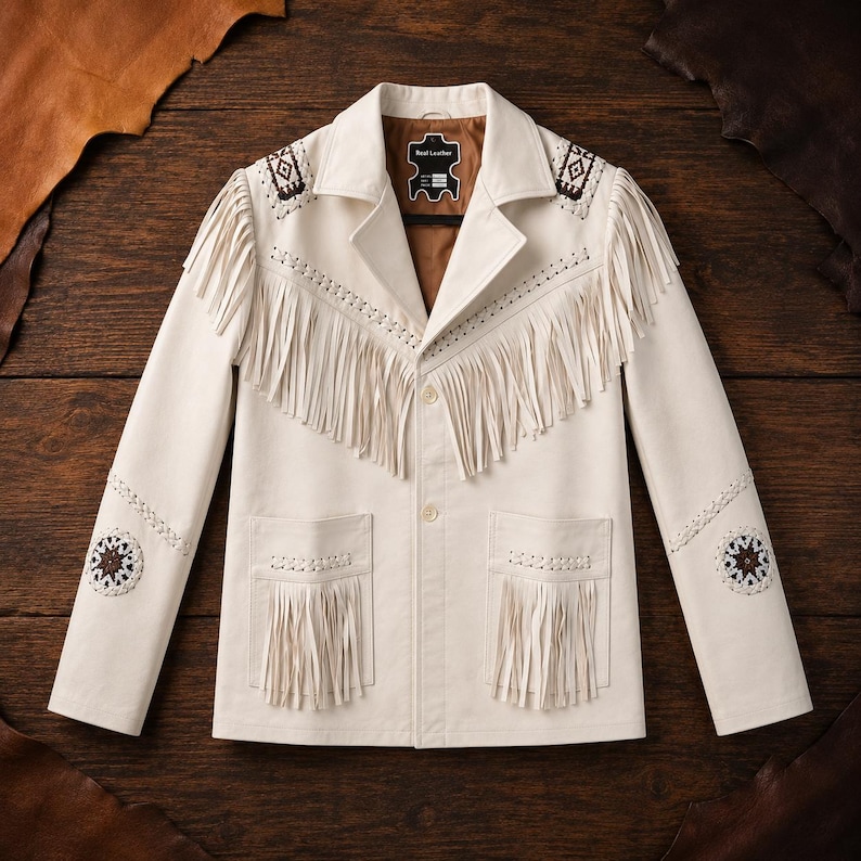 May include: An off-white leather jacket featuring long fringe detailing across the chest and pockets. The garment includes a notched collar, two front pockets, and decorative brown and white geometric stitching on the shoulders and sleeves.