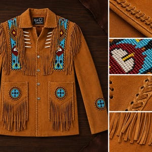 May include: A tan suede jacket featuring long fringe on the chest, shoulders, and pockets. The front displays blue, red, and yellow beadwork panels with geometric patterns and circular motifs. It includes silver-toned buttons and whipstitch detailing.