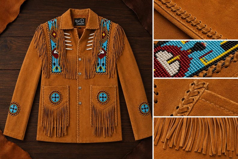 May include: A tan suede jacket featuring long fringe on the chest, shoulders, and pockets. The front displays blue, red, and yellow beadwork panels with geometric patterns and circular motifs. It includes silver-toned buttons and whipstitch detailing.