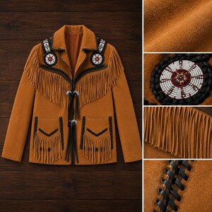 May include: A tan suede jacket featuring long fringe detailing across the chest and pockets. The garment includes circular beaded medallions on the shoulders, black braided trim accents, and two silver-toned metal concho closures at the front.