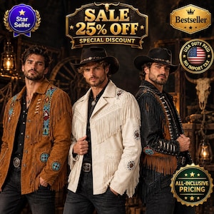 May include: Three jackets with fringe detailing and cowboy hats. The left jacket is tan with blue geometric embroidery. The center jacket is off-white with fringe and dark accents. The right jacket is black with brown fringe and silver hardware.