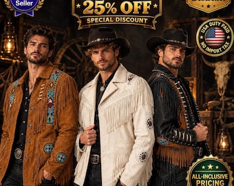 May include: Three jackets with fringe detailing and cowboy hats. The left jacket is tan with blue geometric embroidery. The center jacket is off-white with fringe and dark accents. The right jacket is black with brown fringe and silver hardware.