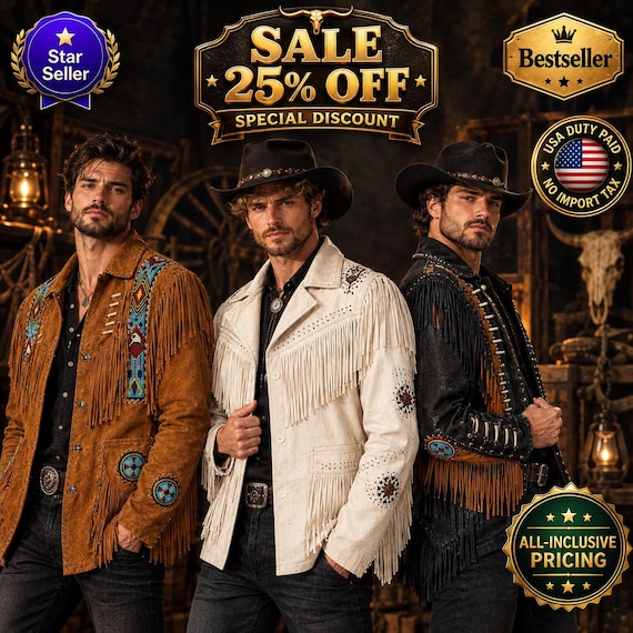 Men's Suede Western Fringe Jacket | Hand-Beaded Cowboy Leather Coat, Native Style Tassel Outerwear