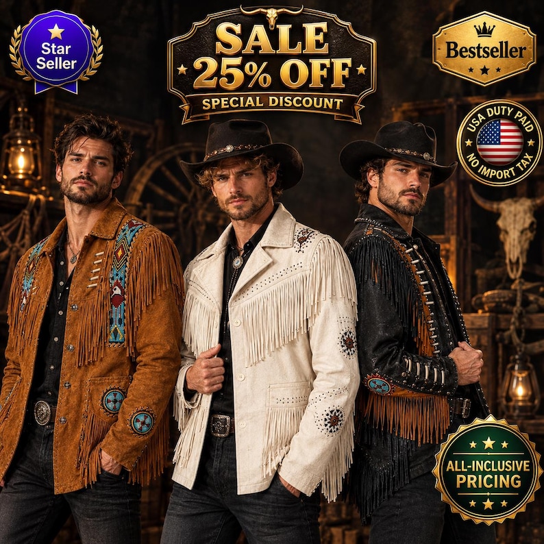 May include: Three jackets with fringe detailing and cowboy hats. The left jacket is tan with blue geometric embroidery. The center jacket is off-white with fringe and dark accents. The right jacket is black with brown fringe and silver hardware.