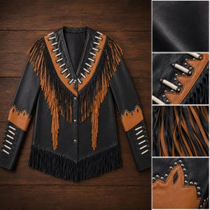 May include: A black leather jacket featuring tan leather accents, long fringe detailing, and white cylindrical bead embellishments. The jacket includes a V-neckline, silver-toned metal snap buttons, and decorative silver studs along the tan leather panels.