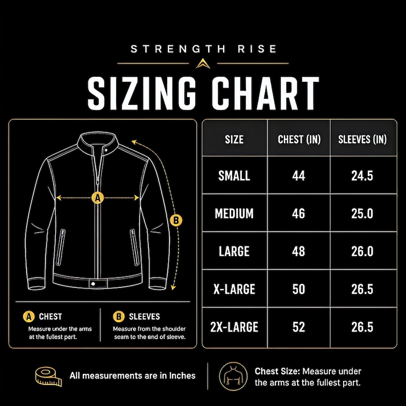 May include: A black and white sizing chart for a jacket with the text STRENGTH RISE. It features a line drawing of a jacket with labels A for chest and B for sleeves, alongside a table listing sizes from Small to 2X-Large with measurements in inches.