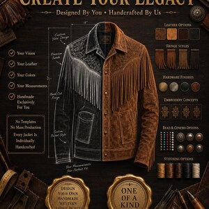 May include: A custom leather jacket design guide featuring a split visual of a black and brown suede jacket with fringe. The graphic includes text labels for leather, fringe, hardware, embroidery, and stitching options, plus measurement markers.