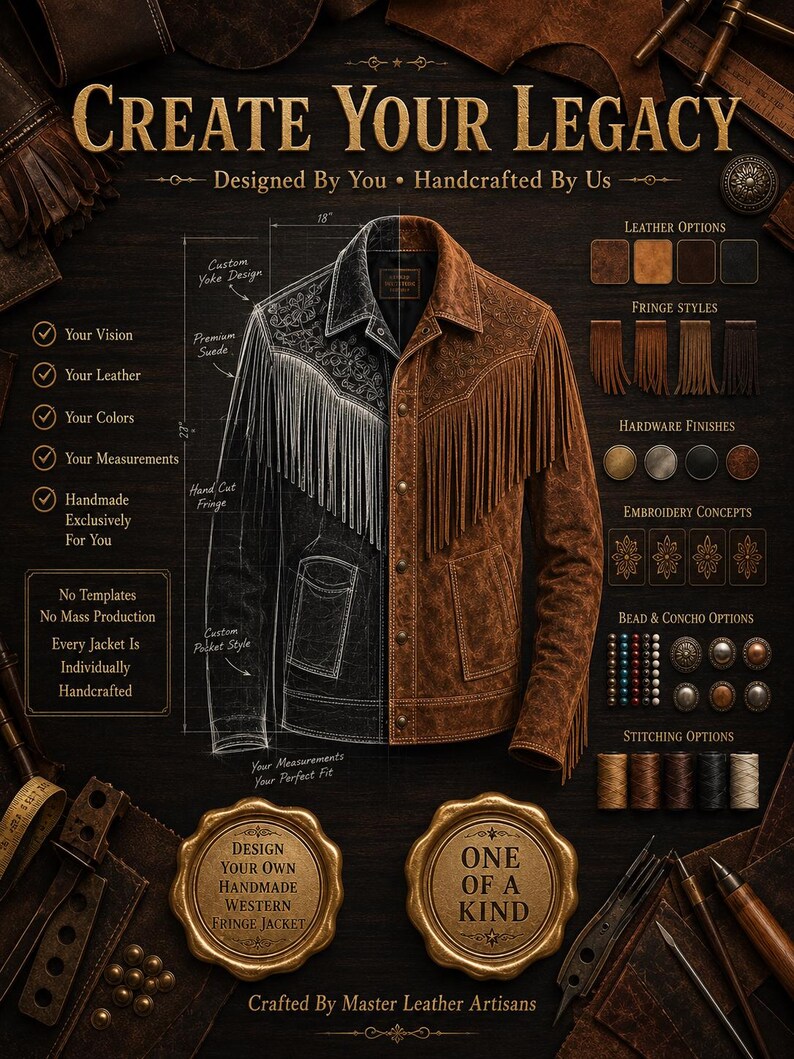 May include: A custom leather jacket design guide featuring a split visual of a black and brown suede jacket with fringe. The graphic includes text labels for leather, fringe, hardware, embroidery, and stitching options, plus measurement markers.