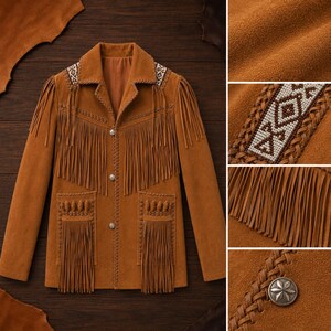 May include: A tan suede jacket featuring long fringe detailing on the chest and pockets, a notched collar, and three metal buttons. The shoulders are accented with white and brown beaded geometric patterns, complemented by intricate braided leather trim.