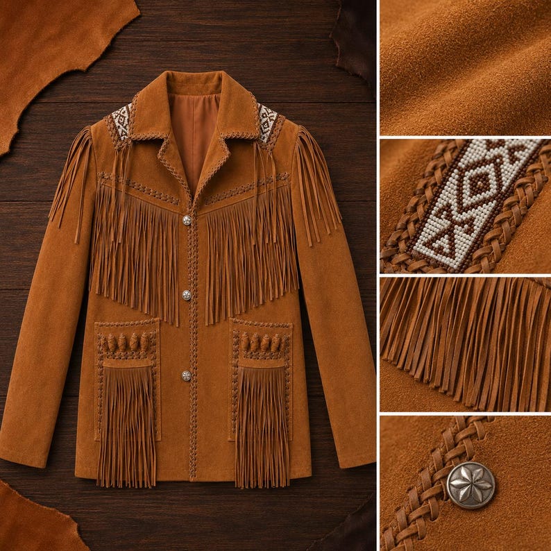 May include: A tan suede jacket featuring long fringe detailing on the chest and pockets, a notched collar, and three metal buttons. The shoulders are accented with white and brown beaded geometric patterns, complemented by intricate braided leather trim.
