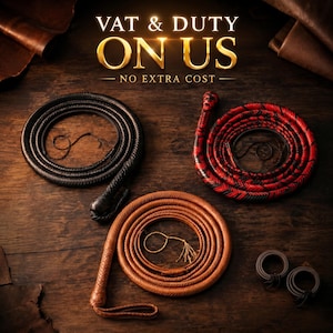 May include: Three coiled braided whips in black, red and black, and tan, accompanied by two small circular leather rings. The text at the top reads VAT & DUTY ON US NO EXTRA COST. The items are arranged on a dark wooden surface.