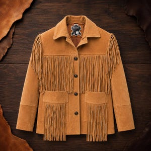 May include: A tan suede jacket featuring long fringe detailing across the chest, shoulders, and two front pockets. The jacket has a pointed collar, four dark buttons down the center front, and a label inside the neck that reads Real Leather.