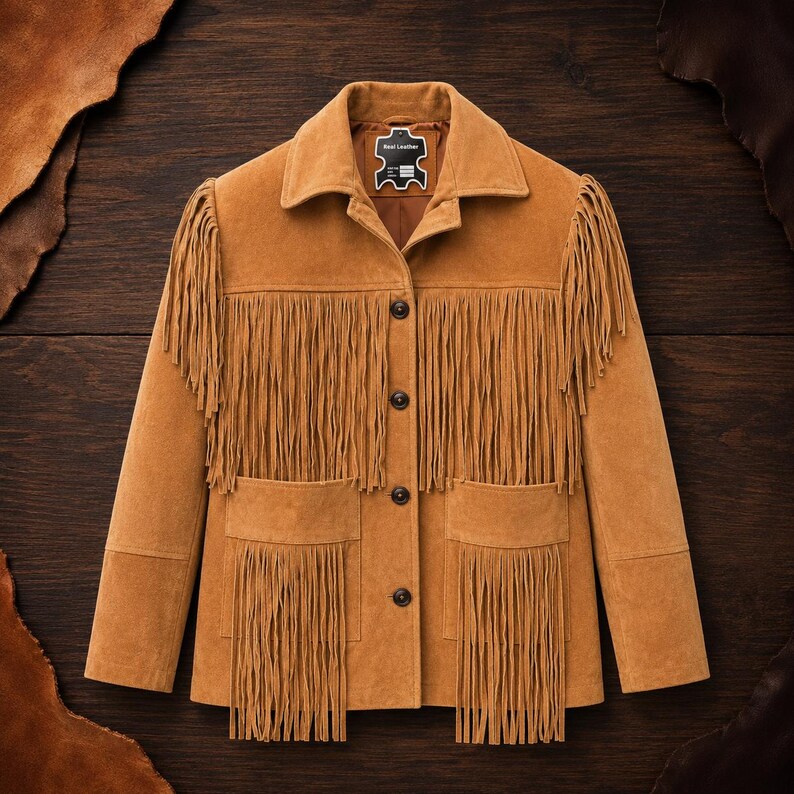 May include: A tan suede jacket featuring long fringe detailing across the chest, shoulders, and two front pockets. The jacket has a pointed collar, four dark buttons down the center front, and a label inside the neck that reads Real Leather.