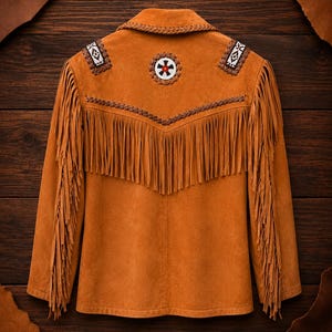 May include: A tan suede jacket featuring long fringe detailing on the sleeves and across the back yoke. The garment includes a braided leather trim, a circular beaded emblem at the center back, and geometric beaded accents on the shoulders.