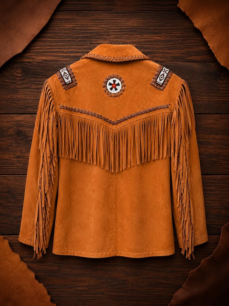 May include: A tan suede jacket featuring long fringe detailing on the sleeves and across the back yoke. The garment includes a braided leather trim, a circular beaded emblem at the center back, and geometric beaded accents on the shoulders.