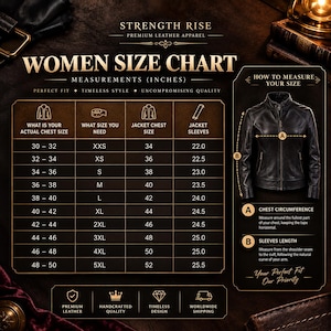 May include: A size chart for leather jackets titled Strength Rise Premium Leather Apparel. The chart lists chest sizes from 30 to 50 inches and corresponding jacket sizes from XXS to 5XL, including sleeve lengths in inches and a visual guide.