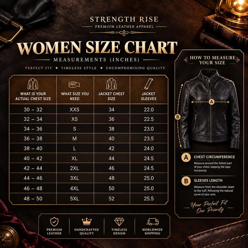 May include: A size chart for leather jackets titled Strength Rise Premium Leather Apparel. The chart lists chest sizes from 30 to 50 inches and corresponding jacket sizes from XXS to 5XL, including sleeve lengths in inches and a visual guide.