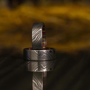 Damascus Whiskey Barrel Wood Inlay Wedding Ring Damascus Steel Rings Wood Mens Promise Ring Wedding Band Engagement Ring Anniversary Gift