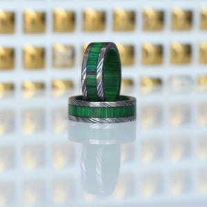 Damascus Whiskey Barrel Wood Inlay Wedding Ring Damascus Steel Rings Wood Mens Promise Ring Wedding Band Engagement Ring Anniversary Gift