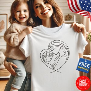 Mother & Child Heart Line Art T-shirt - Family Bond Tee