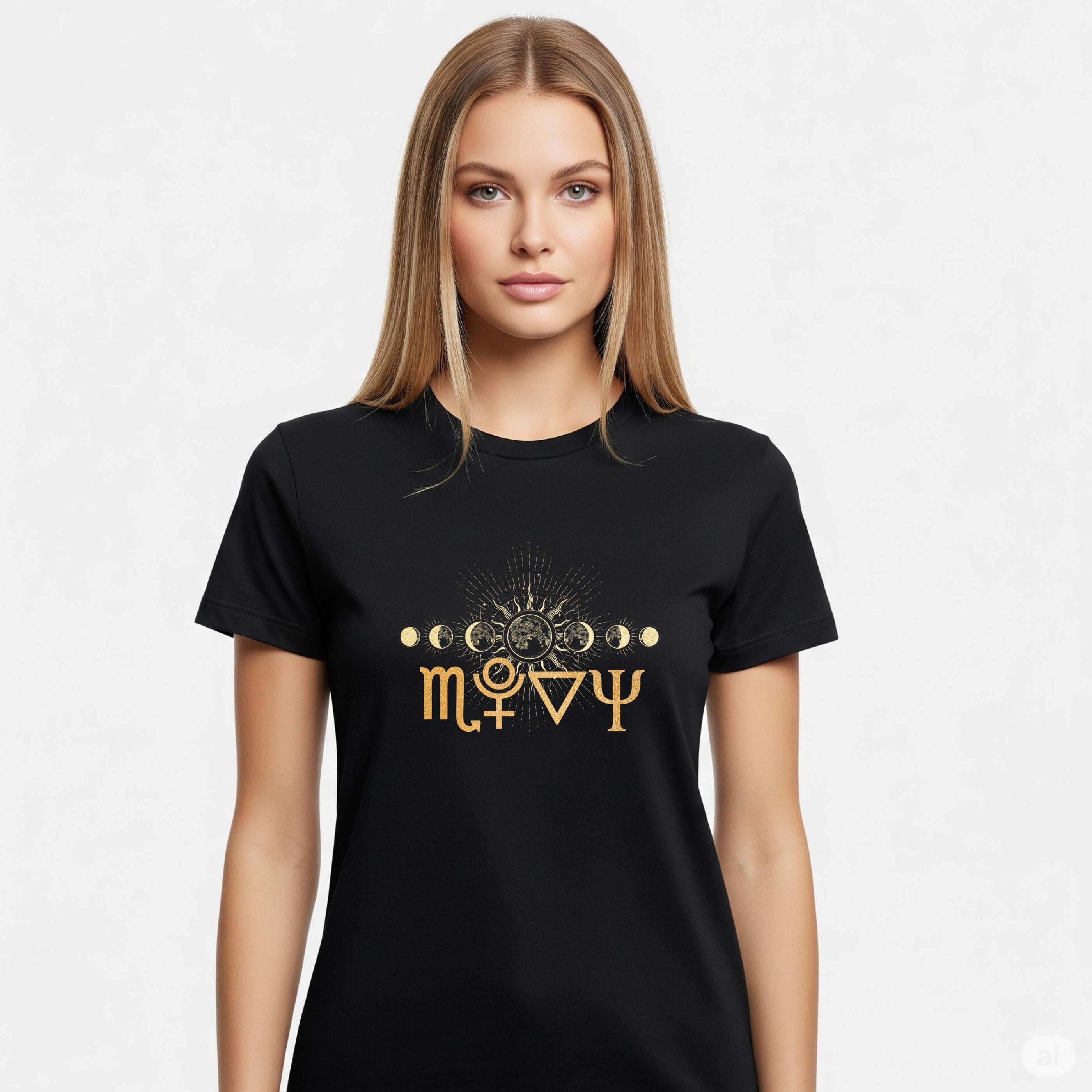 Scorpio Pluto Water Element Shirt, Gold Foil Zodiac Tee with Psi Symbol & Moon Phases, Dark Feminine Astrology Top, Shadow Work Gift