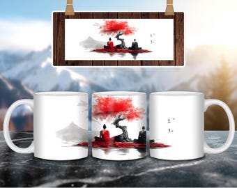 Taza de cerámica de meditación zen: Monjes meditando, diseño de flor de cerezo