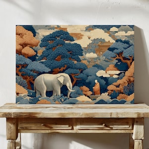 Canvas Print, Japanese Buddhist Monk Elephant Jungle Art, Asian Home Decor Wall Hanging, Zen Meditation Poster, Nature Wall Artwork