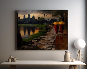 Monks Walking to Temple Canvas Art: Spiritual Meditation Decor