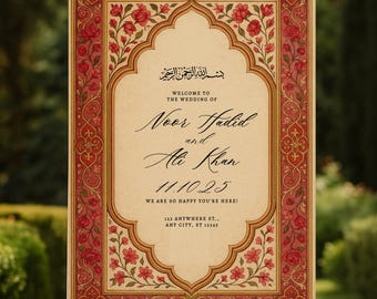 Red and Gold Islamic Wedding Invitation & Welcome Sign Canva Template