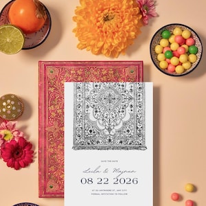 May include: Save the date card featuring a black and white illustration of a patterned rug. The text reads "Save the Date", "Lula & Majnun", "08 22 2026", "At 123 Anywhere St., Any City", and "Formal Invitation to Follow".