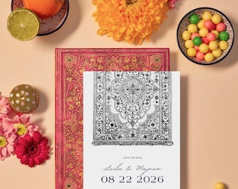 Persian Rug Save the Date: Sofreh Aghd Wedding Invitation (Canva Template)