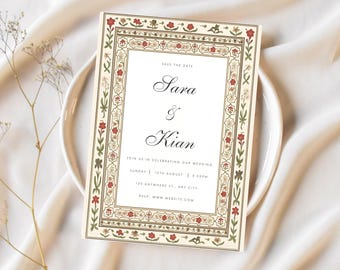 Heritage Floral Save the Date Template | Ornate Floral Persian Indian Arabic | Canva Invitation | Digital Download