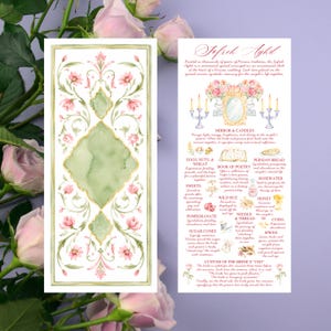May include: A rectangular card featuring a watercolor illustration of a Sofreh Aghd with a green central emblem and pink floral motifs. The card includes detailed text explaining the symbolic meaning of items like candles, bread, and honey.