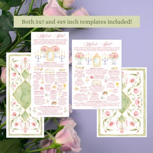 Könnte beinhalten: Zwei rechteckige Papiervorlagen für eine Sofreh Aghd Hochzeitspräsentation mit Aquarellillustrationen von Blumen, Kerzen und einem Spiegel sowie erklärenden Texten zu den symbolischen Gegenständen. Der Text gibt an, dass Vorlagen in 5x7 und 4x9 Zoll enthalten sind.