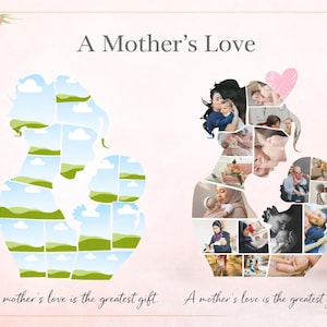 May include: A Mother's Love themed artwork. The image features two silhouette designs of a mother and child. One is filled with landscape images, the other with photos of mothers and children. Text reads, "A mother's love is the greatest gift."