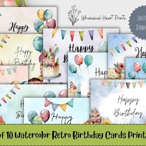 Set di 10 biglietti di compleanno retrò ad acquerello stampabili, biglietto di compleanno ad acquerello, biglietto di compleanno digitale, biglietto di auguri stampabile, biglietto vuoto