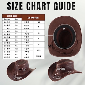 May include: A size chart for cowboy hats with measurements in inches and centimeters. The chart shows the hat size in inches and centimeters, as well as the corresponding US hat size. The chart also includes a diagram of a cowboy hat with the crown height and brim width labeled.